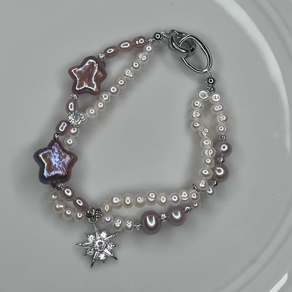 SOLD❌Handmade Freshwater Pearl Purple White Star ⭐️ Bracelet - Picture 1 of 3
